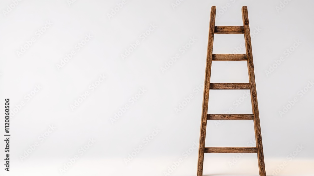 Wooden ladder standing upright against a clean white background ideal for home improvement and design concepts. Wooden ladder standing upright against a clean white background ideal for home improvement and design concepts.