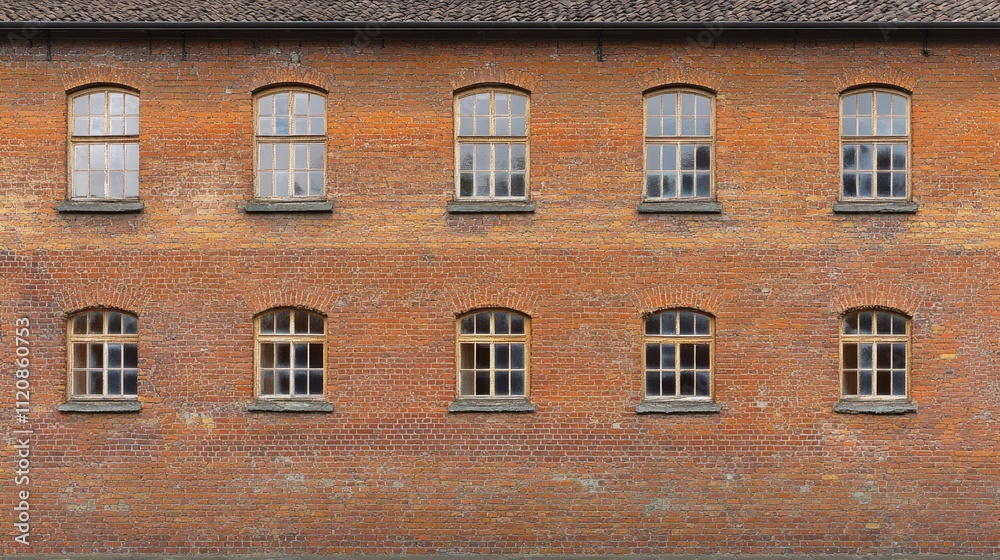 Fototapeta premium Brick building facade featuring multiple windows showcasing vintage architectural design and textured wall elements