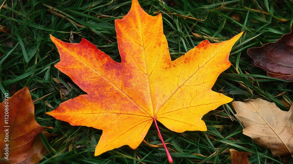 Fototapeta premium Vibrant Maple Leaf in Autumn Foliage Representing Seasonal Change in Japan Inviting Tourists to Experience Nature's Beauty in Fall