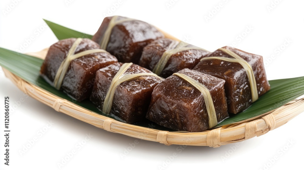 Traditional Indonesian Jenang or Dodol made from glutinous rice beautifully presented on a bamboo plate with green leaves for a commercial ad