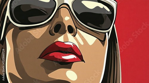 A stylized illustration of a woman with sunglasses and bold red lips against a red background.