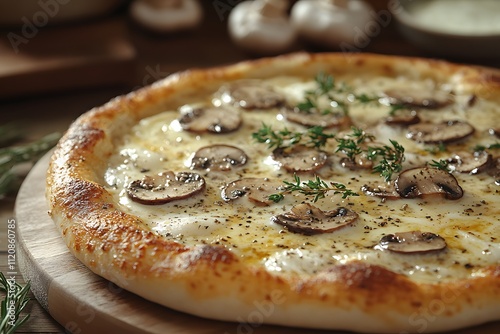 Freshly baked truffle or mushroom pizza on a wooden plate looks delicious, warm, luxurious and tempting. It is suitable for promoting restaurants or food products in advertising and social media. photo