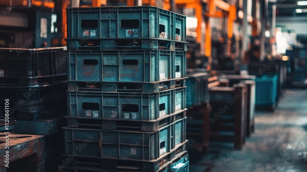 Industrial production supplies organized in metal crates inside a modern assembly factory showcasing efficient inventory management. Industrial production supplies organized in metal crates inside a modern assembly factory showcasing efficient inventory management.