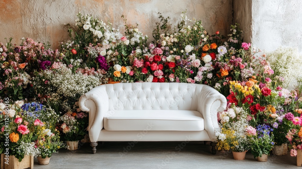 Obraz premium Spring-themed living room featuring a classic white sofa adorned with a vibrant array of colorful flowers creating a charming photo backdrop.