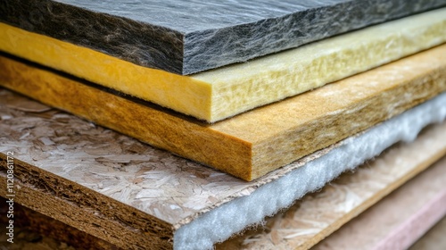 Mineral wool insulation panels made from glass wool and rock wool stacked in layers showcasing various textures and colors