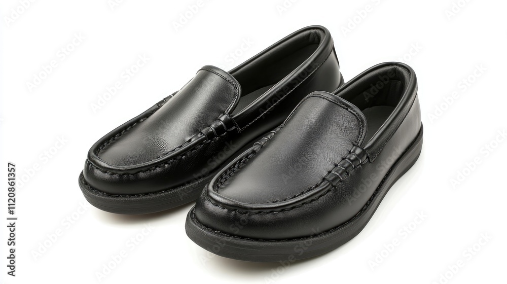Stylish modern black leather slip-on shoes for men isolated on clean white background Stylish modern black leather slip-on shoes for men isolated on clean white background