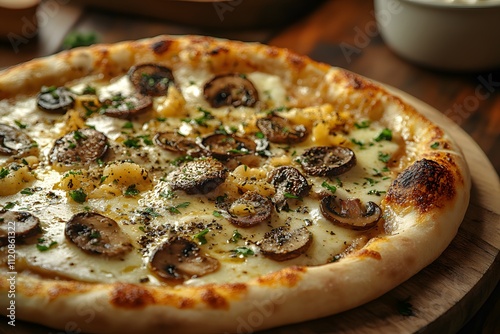 Freshly baked truffle or mushroom pizza on a wooden plate looks delicious, warm, luxurious and tempting. It is suitable for promoting restaurants or food products in advertising and social media. photo