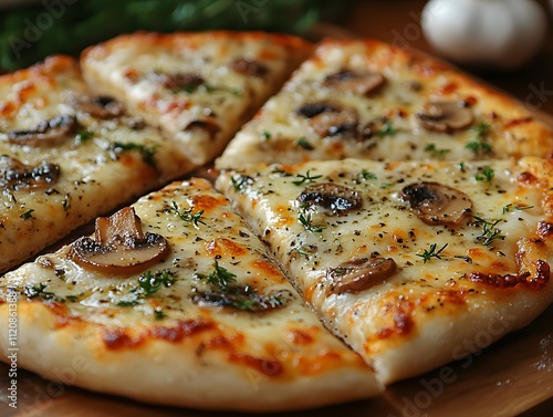 Freshly baked truffle or mushroom pizza on a wooden plate looks delicious, warm, luxurious and tempting. It is suitable for promoting restaurants or food products in advertising and social media. photo