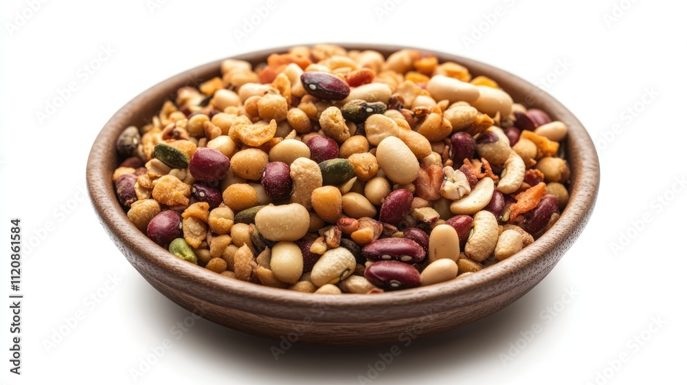 Traditional Indian Namkeen mixture with assorted nuts and beans in a wooden bowl isolated on white background. Perfect for snacking.