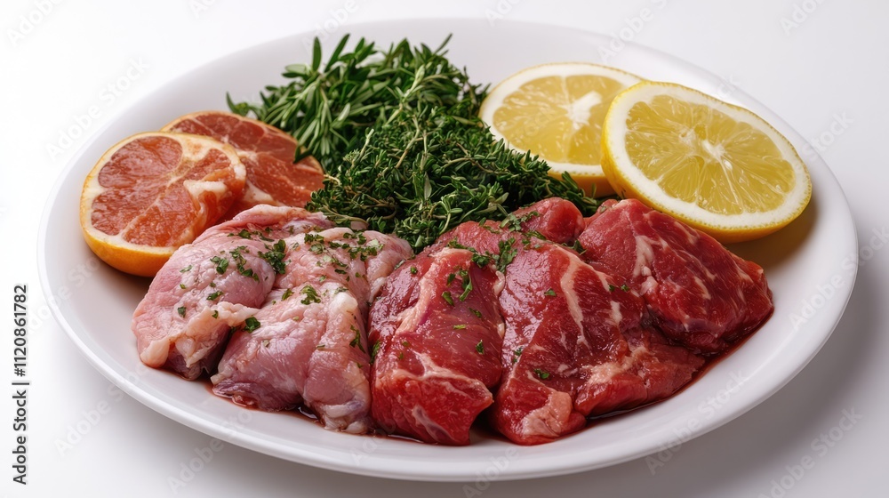 Mixed raw chicken and beef steak garnished with herbs and citrus slices on a white plate ready for cooking or grilling Mixed raw chicken and beef steak garnished with herbs and citrus slices on a white plate ready for cooking or grilling