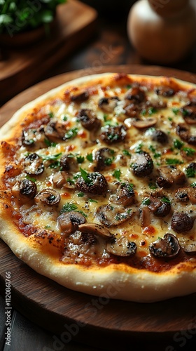 Freshly baked truffle or mushroom pizza on a wooden plate looks delicious, warm, luxurious and tempting. It is suitable for promoting restaurants or food products in advertising and social media. photo