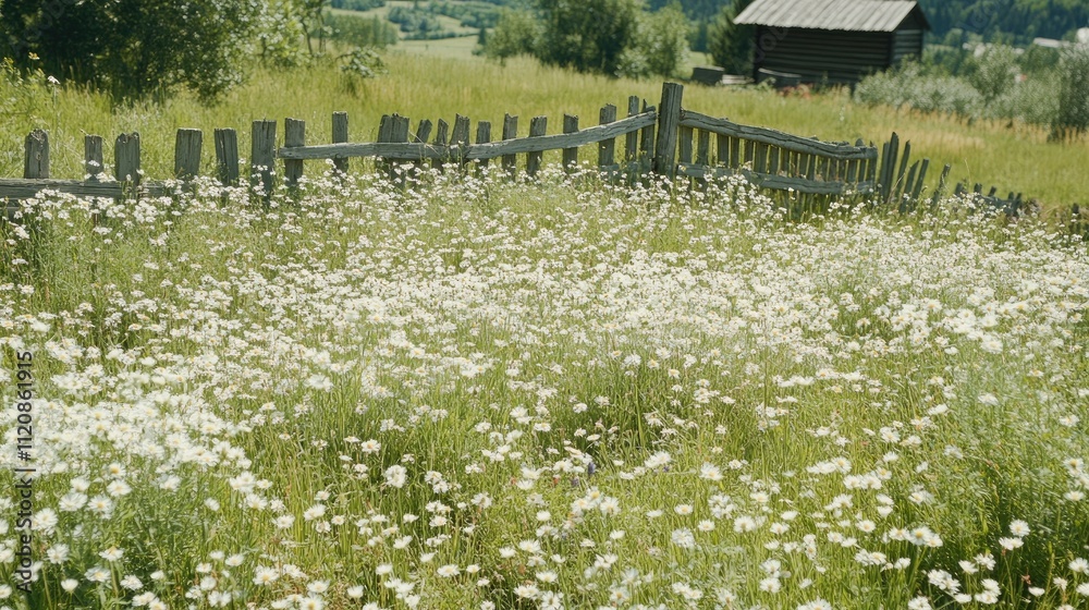 Overgrown fence surrounded by wildflowers and grass in a picturesque village landscape with a rustic cabin in the background Overgrown fence surrounded by wildflowers and grass in a picturesque village landscape with a rustic cabin in the background