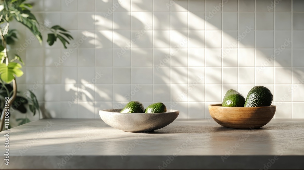 Contemporary kitchen design featuring elegant avocado bowls stylish decor and subtle natural lighting on a minimalist countertop Contemporary kitchen design featuring elegant avocado bowls stylish decor and subtle natural lighting on a minimalist countertop