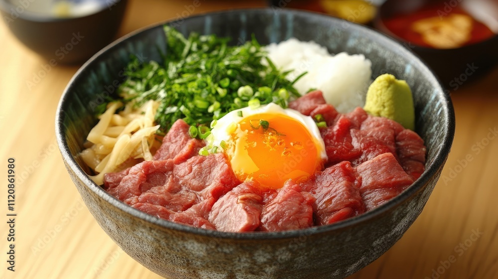 Delicious Japanese beef bowl garnished with fresh herbs, egg, and wasabi in an authentic serving bowl on a wooden table Delicious Japanese beef bowl garnished with fresh herbs, egg, and wasabi in an authentic serving bowl on a wooden table