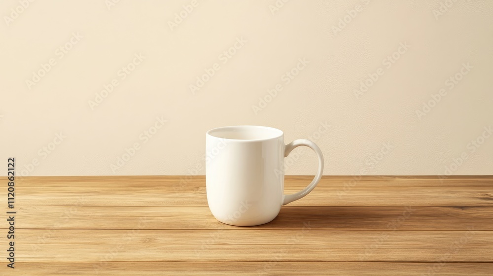 Minimalist white mug on wooden tabletop in Scandinavian setting for branding and logo design with copy space and light beige background. Minimalist white mug on wooden tabletop in Scandinavian setting for branding and logo design with copy space and light beige background.