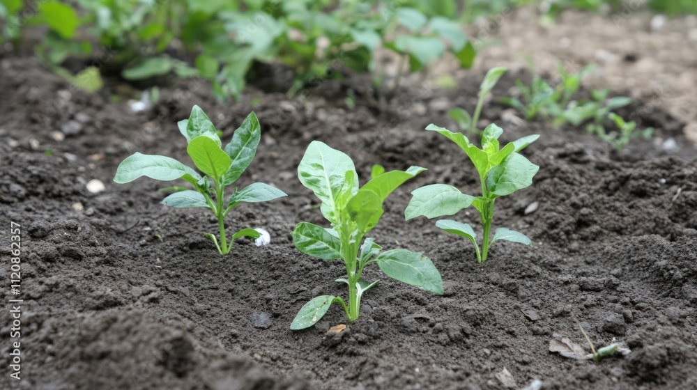 Green Chenopodium album seedlings growing in rich soil, showcasing the leafy vegetable bathua thriving in winter conditions. Green Chenopodium album seedlings growing in rich soil, showcasing the leafy vegetable bathua thriving in winter conditions.