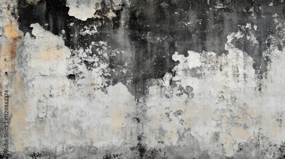 Fototapeta premium Aged concrete wall texture with peeling paint in grayscale abstract design ideal for backgrounds or artistic projects.
