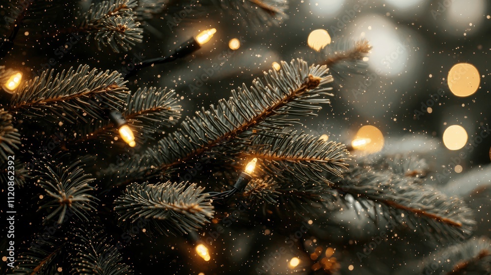 Fototapeta premium Enchanting Christmas Tree Branches with Warm Lights and Falling Snow