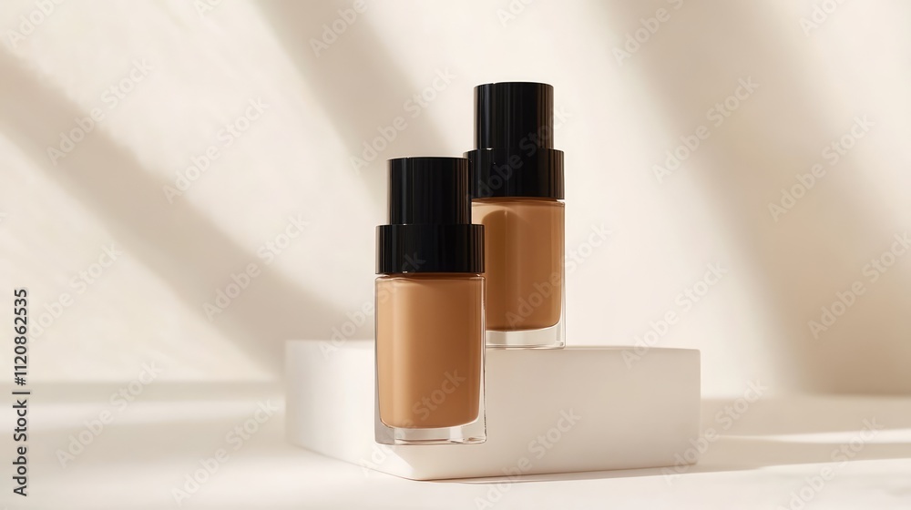Liquid foundation bottles elegantly displayed on white pedestal with soft shadows highlighting their sleek design and rich tones.