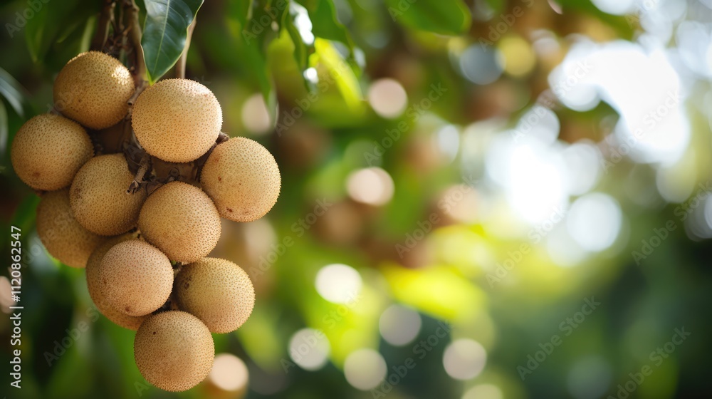 Fresh longan fruit bunch hanging on a tree branch showcasing thick skin and sweet taste with vibrant green leaves in the background. Fresh longan fruit bunch hanging on a tree branch showcasing thick skin and sweet taste with vibrant green leaves in the background.