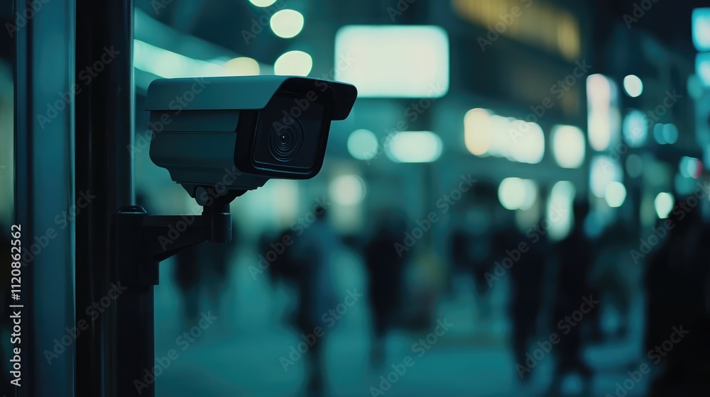 Security camera monitoring busy urban street enhancing public safety and surveillance in a modern city environment at night. Security camera monitoring busy urban street enhancing public safety and surveillance in a modern city environment at night.
