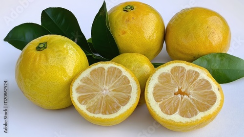 Japanese citrus hebes displayed whole and sliced with green leaves on a clean white background highlighting their vibrant yellow color. photo