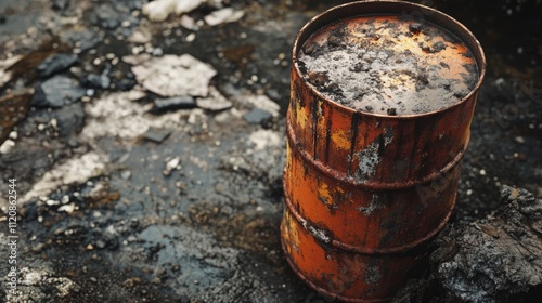 Rusty industrial barrel leaking toxic waste on contaminated ground in an abandoned area highlighting environmental hazards and pollution. photo