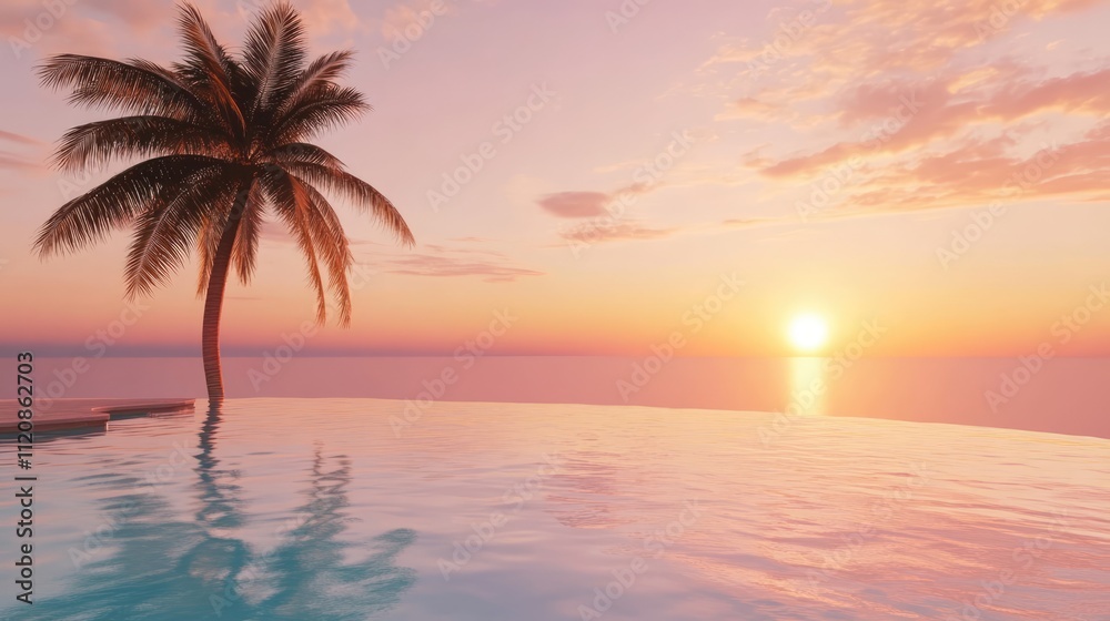 Tranquil sunset over luxurious infinity pool with palm tree silhouette creating a serene summer vacation atmosphere at a tropical resort Tranquil sunset over luxurious infinity pool with palm tree silhouette creating a serene summer vacation atmosphere at a tropical resort