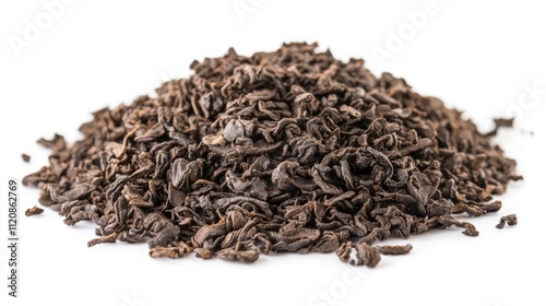 Loose oolong tea leaves piled on a pure white background, showcasing the twisted, aromatic leaves with rich dark brown hues, food photography, tea culture, organic ingredients.