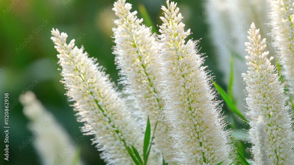 Macro view of delicate white grass flowers in natural sunlight with a blurred green background showcasing their intricate details Macro view of delicate white grass flowers in natural sunlight with a blurred green background showcasing their intricate details