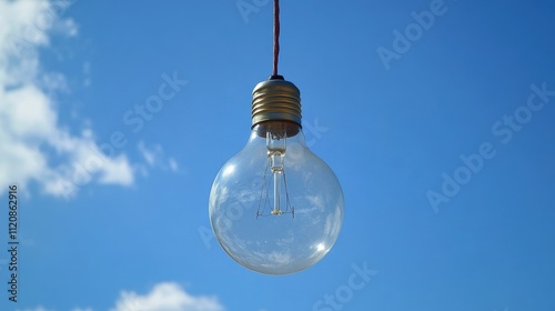 Light Bulb Hanging Against Clear Blue Sky Ideal for Business Backgrounds Posters and Advertising Campaigns photo