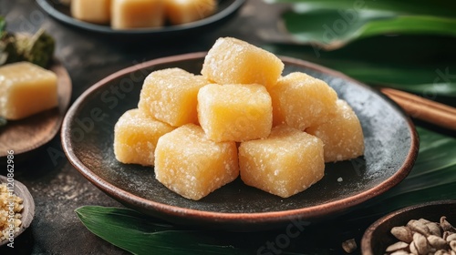 Traditional Kuih Tiram delicacies presented on a rustic plate with green leaves and ingredients, showcasing Asian dessert culture. photo