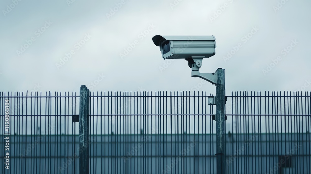 Industrial security camera surveillance system on a metal fence against a cloudy sky backdrop in an urban environment. Industrial security camera surveillance system on a metal fence against a cloudy sky backdrop in an urban environment.