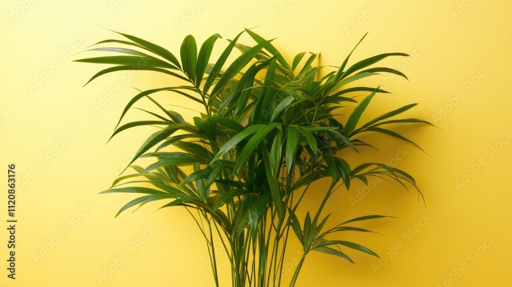 Hamedorea bamboo palm against a vibrant yellow backdrop Minimalistic houseplant care and interior design concept for tranquil living spaces