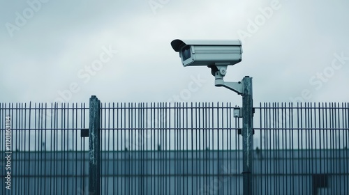 Industrial security camera surveillance system on a metal fence against a cloudy sky backdrop in an urban environment.