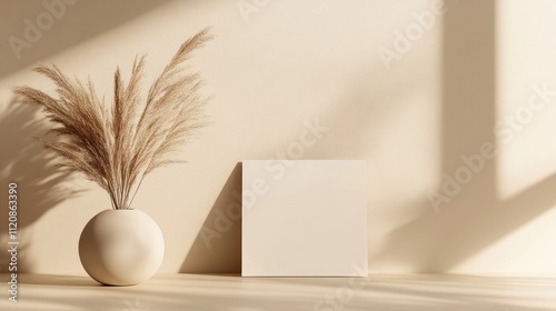 Minimalist summer stationery arrangement with beige vase and dry lagurus grass highlighting blank mockups and soft sunlight shadows. photo