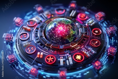 Wallpaper Mural Futuristic digital interface with glowing icons and vibrant colors in a circular pattern. Torontodigital.ca