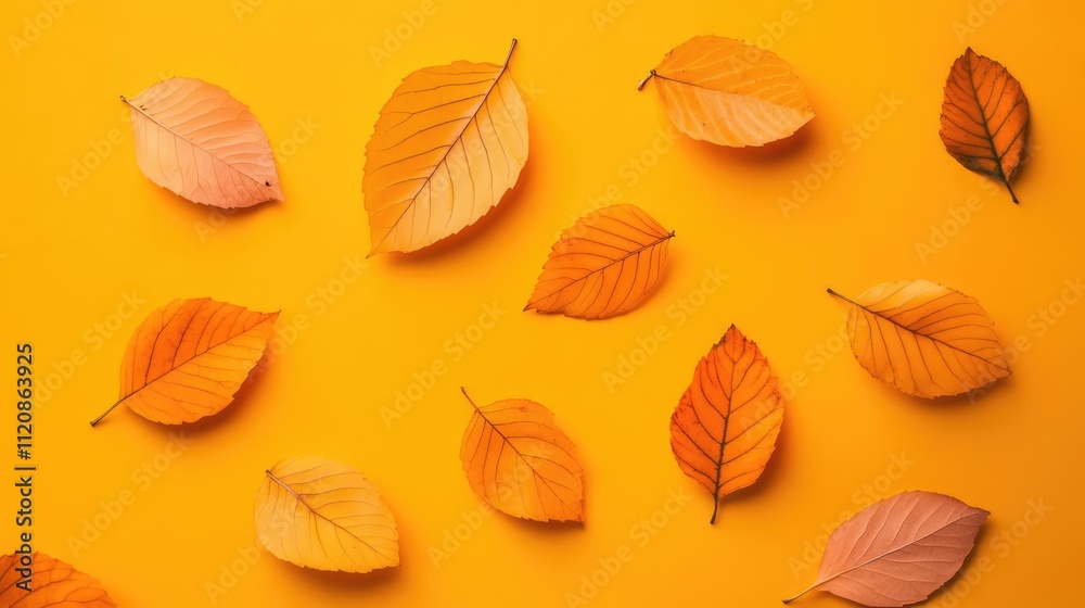 Obraz premium Top view of vibrant orange and yellow autumn leaves scattered on a bright yellow background, emphasizing seasonal colors and natural textures, fall, aesthetic, decor, background.