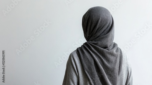 Muslim woman in traditional attire standing alone with her back to the viewer against a clean white background showcasing modesty and contemplation.