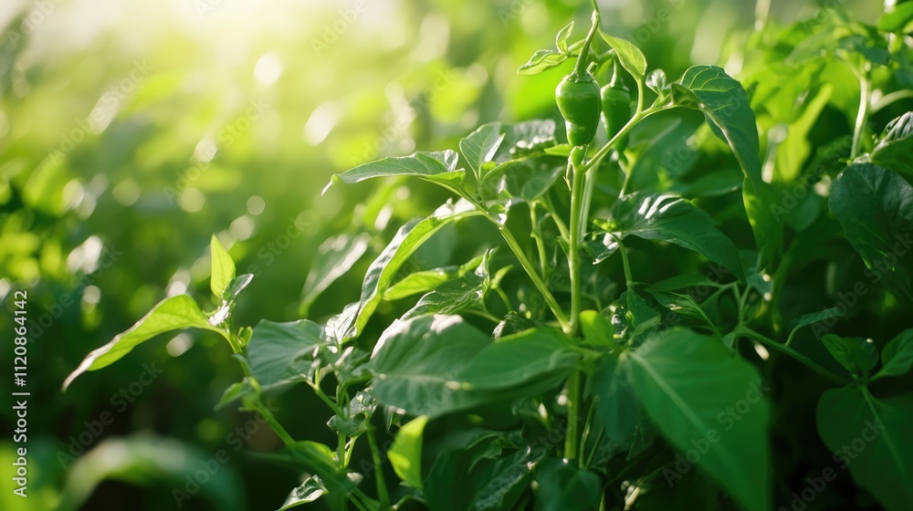 Fresh green chili pepper among lush green leaves in a sunlit garden for culinary use and organic cooking inspiration Fresh green chili pepper among lush green leaves in a sunlit garden for culinary use and organic cooking inspiration