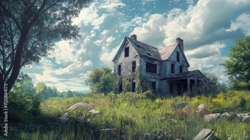 Abandoned farmhouse surrounded by overgrown grass and trees under a bright blue sky with fluffy clouds in a serene rural setting