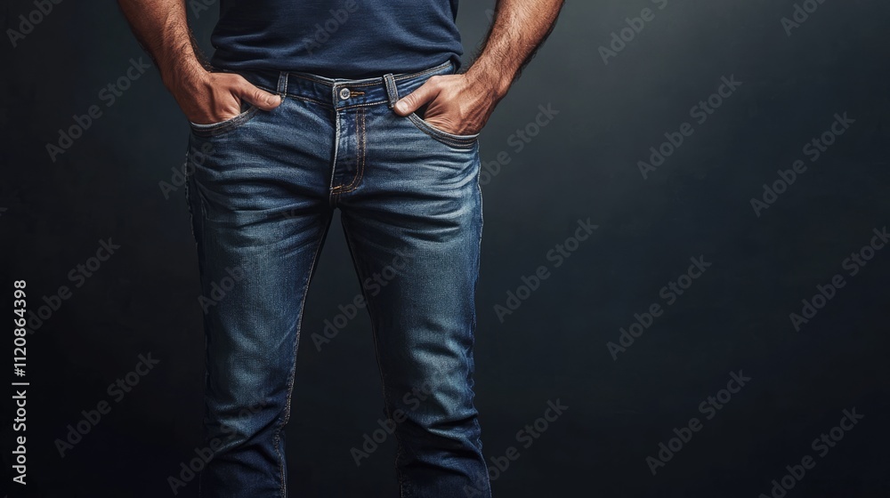 Casual man posing confidently in jeans against a dark background highlighting modern style and fashion trends Casual man posing confidently in jeans against a dark background highlighting modern style and fashion trends