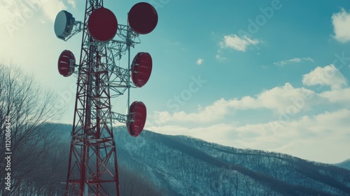 Telecommunication tower and satellite dish against blue sky and winter forest landscape showcasing advanced communication technology in remote area photo