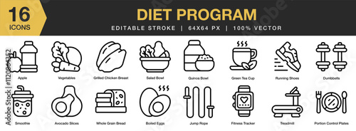 Diet Program icon set. Editable Stroke Icon Collection. Includes program, food, health, lifestyle, nutritionist, meal, and More. Outline icons vector collection.