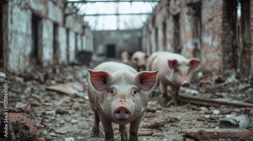 Abandoned pigsty with pigs in a derelict industrial space showcasing decay and economic decline as a stark background for crisis themes photo