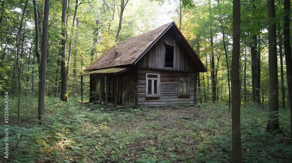 Abandoned wooden cabin surrounded by dense forest greenery showcasing rustic charm and tranquility in a serene woodland setting Abandoned wooden cabin surrounded by dense forest greenery showcasing rustic charm and tranquility in a serene woodland setting