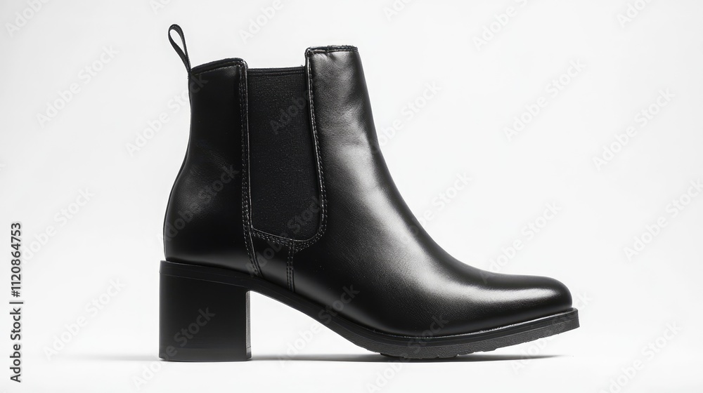 Stylish black leather ankle boots with block heel elegantly displayed on a white background for fashion marketing and advertising purposes. Stylish black leather ankle boots with block heel elegantly displayed on a white background for fashion marketing and advertising purposes.