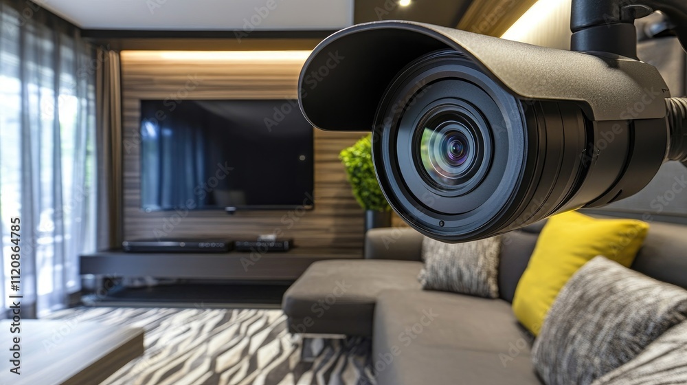 Naklejka premium CCTV camera monitoring modern living room interior with stylish decor and cozy furnishings for security and comfort analysis