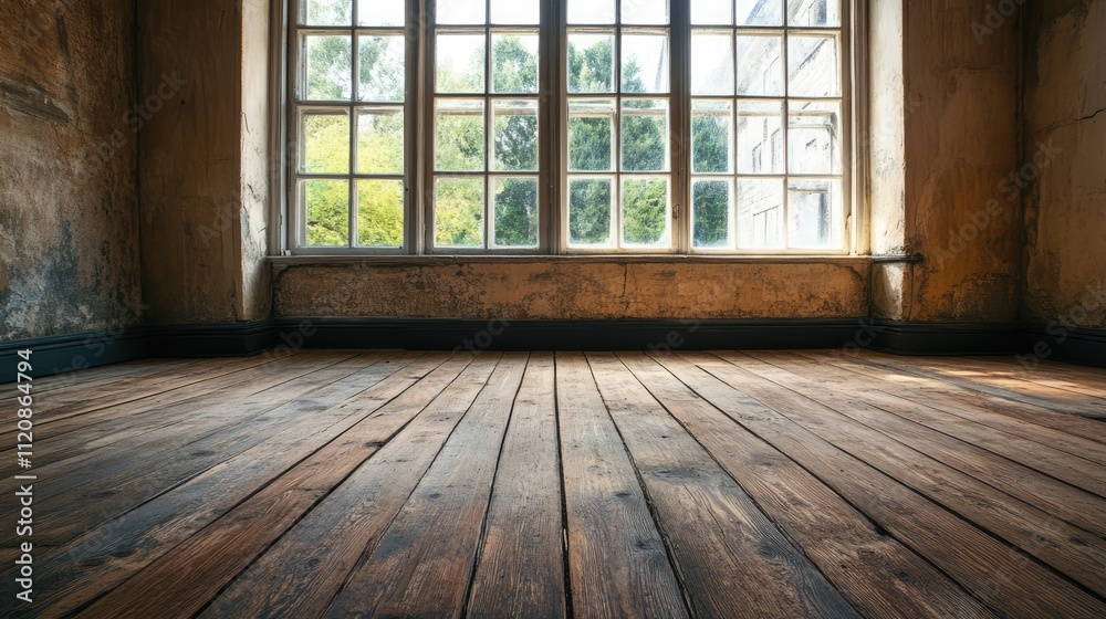 Empty wooden room with a weathered floor, large windows allowing natural light, and a view of greenery outside, ideal for interior design projects, rustic style, home improvement, architecture. Empty wooden room with a weathered floor, large windows allowing natural light, and a view of greenery outside, ideal for interior design projects, rustic style, home improvement, architecture.