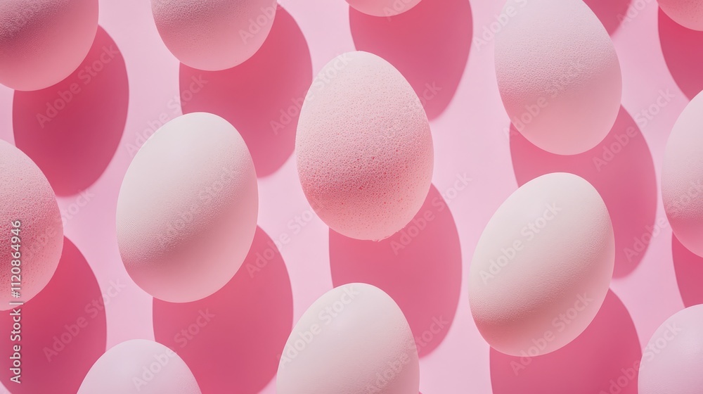 Egg shaped makeup sponges displayed artistically on a soft pink backdrop creating a modern aesthetic for beauty product marketing.